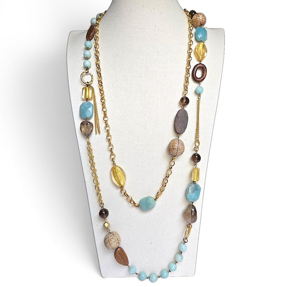 W/A Studios Mixed Media Layered Necklace Amazonite Smoky Quartz Wood Glass 29"